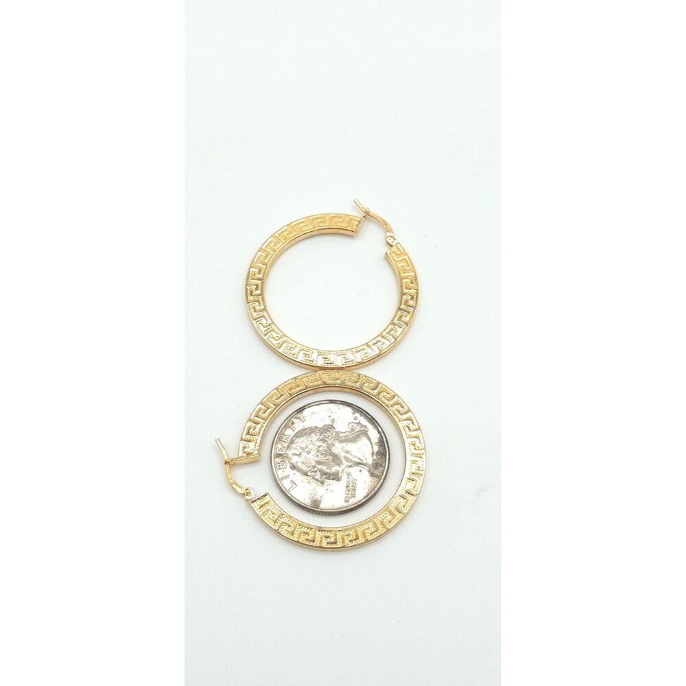 18K Gold-Plated Hoop Earrings With Greek Key Design Lightweight Elegant - Picture 4 of 5